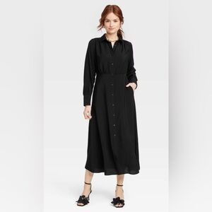A New Day Women’s Long Sleeve Collared Crepe Midi Shirt Dress XXL Black Plus
